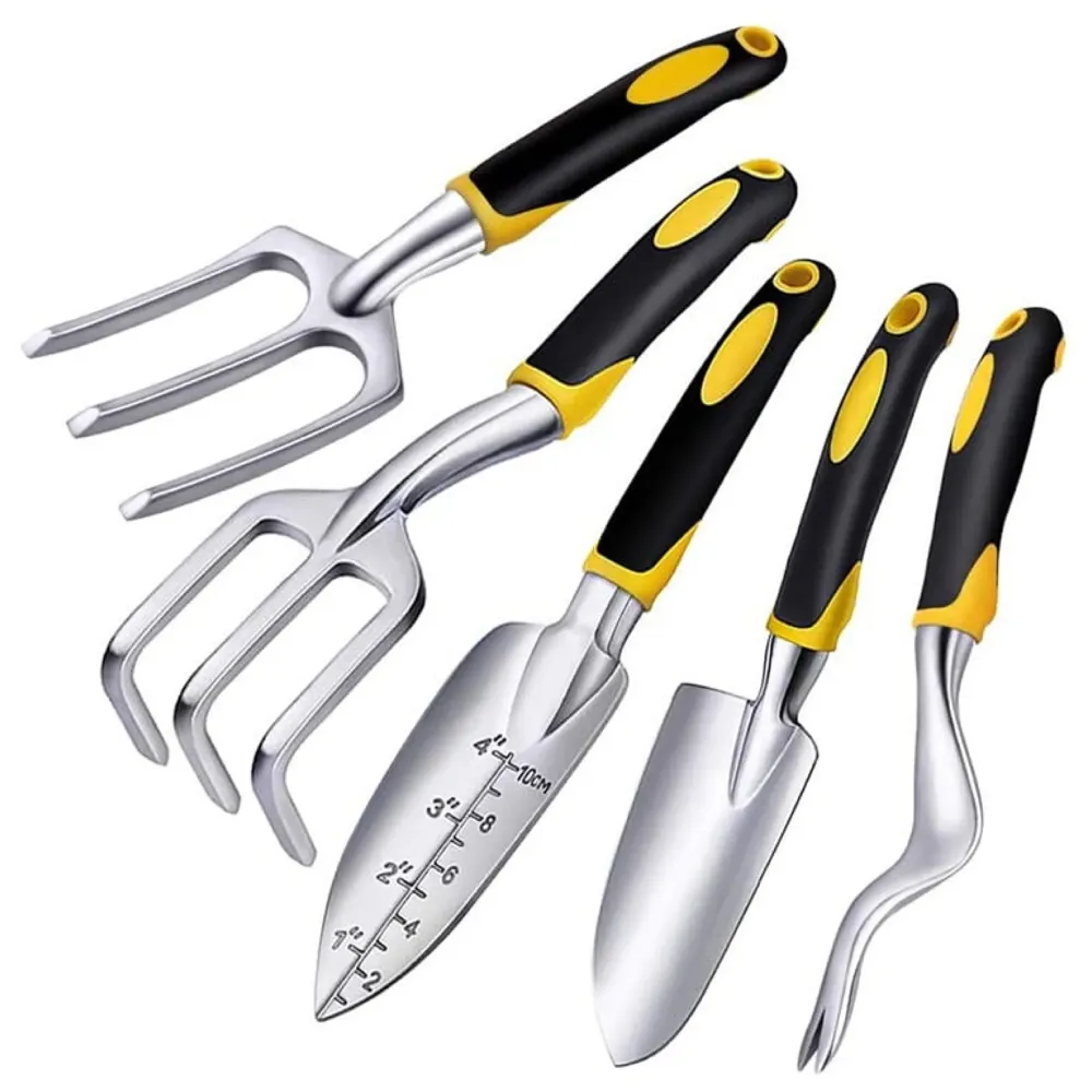 5 Pcs Gardening Tools for Garden Home Patio, Heavy Duty Aluminium Tools Set with Gardening Transplanting Spade, Cultivator, Weeder, Trowel and Weeding Fork, Durable Gardening Accessories