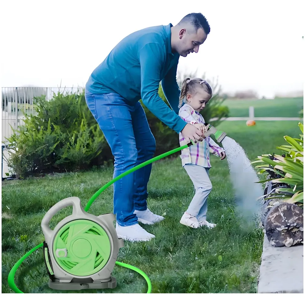 Garden Hose Reel, Retractable Hose Reel, Heavy Duty 50 Ft Portable Garden Hose Reel With 7 Patterns Spray Nozzle For Garden Watering, Car Washing, Pet (Green)
