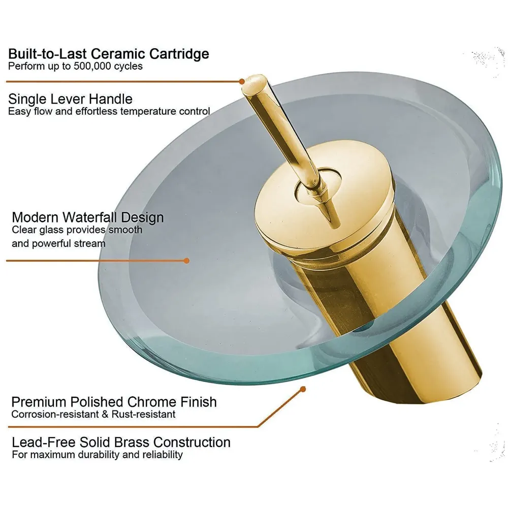 Gold Glass Waterfall Mixer Bathroom Faucet Brass Glass Single Lever Basin Vanity Lavatory Vessel Sink Faucet.
