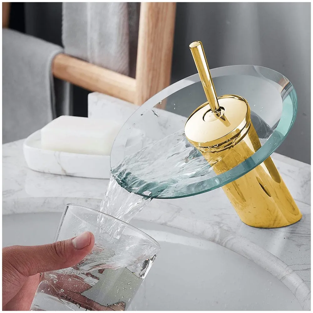 Gold Glass Waterfall Mixer Bathroom Faucet Brass Glass Single Lever Basin Vanity Lavatory Vessel Sink Faucet.