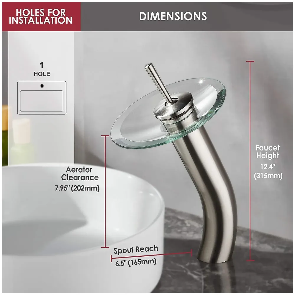 Tall Glass Waterfall Basin Mixer, Basin Tap, Bathroom Faucet, Brass, Single Lever, Basin, Vanity, Lavatory, Vessel, Sink Faucet, Height 11 Inches