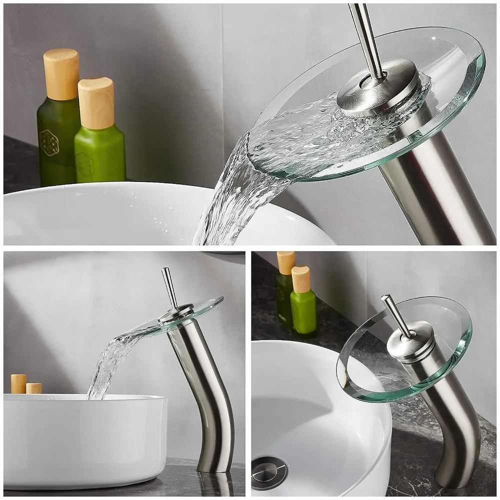 Tall Glass Waterfall Basin Mixer, Basin Tap, Bathroom Faucet, Brass, Single Lever, Basin, Vanity, Lavatory, Vessel, Sink Faucet, Height 11 Inches