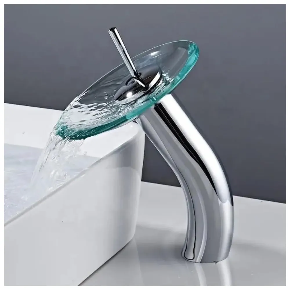 Tall Glass Waterfall Basin Mixer, Basin Tap, Bathroom Faucet, Brass, Single Lever, Basin, Vanity, Lavatory, Vessel, Sink Faucet, Height 11 Inches