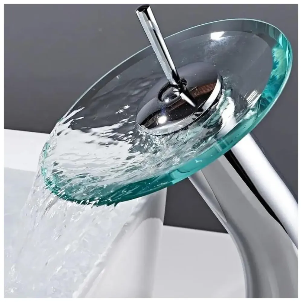 Tall Glass Waterfall Basin Mixer, Basin Tap, Bathroom Faucet, Brass, Single Lever, Basin, Vanity, Lavatory, Vessel, Sink Faucet, Height 11 Inches