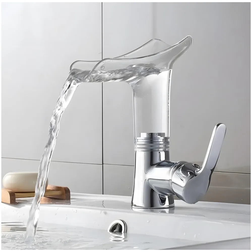 Glass Waterfall Tap Faucet Mixer Hot and Cold Bathroom Brass Single Lever Basin Mixer for Sink Toilet Wash Basin - 20 x 17 Cm