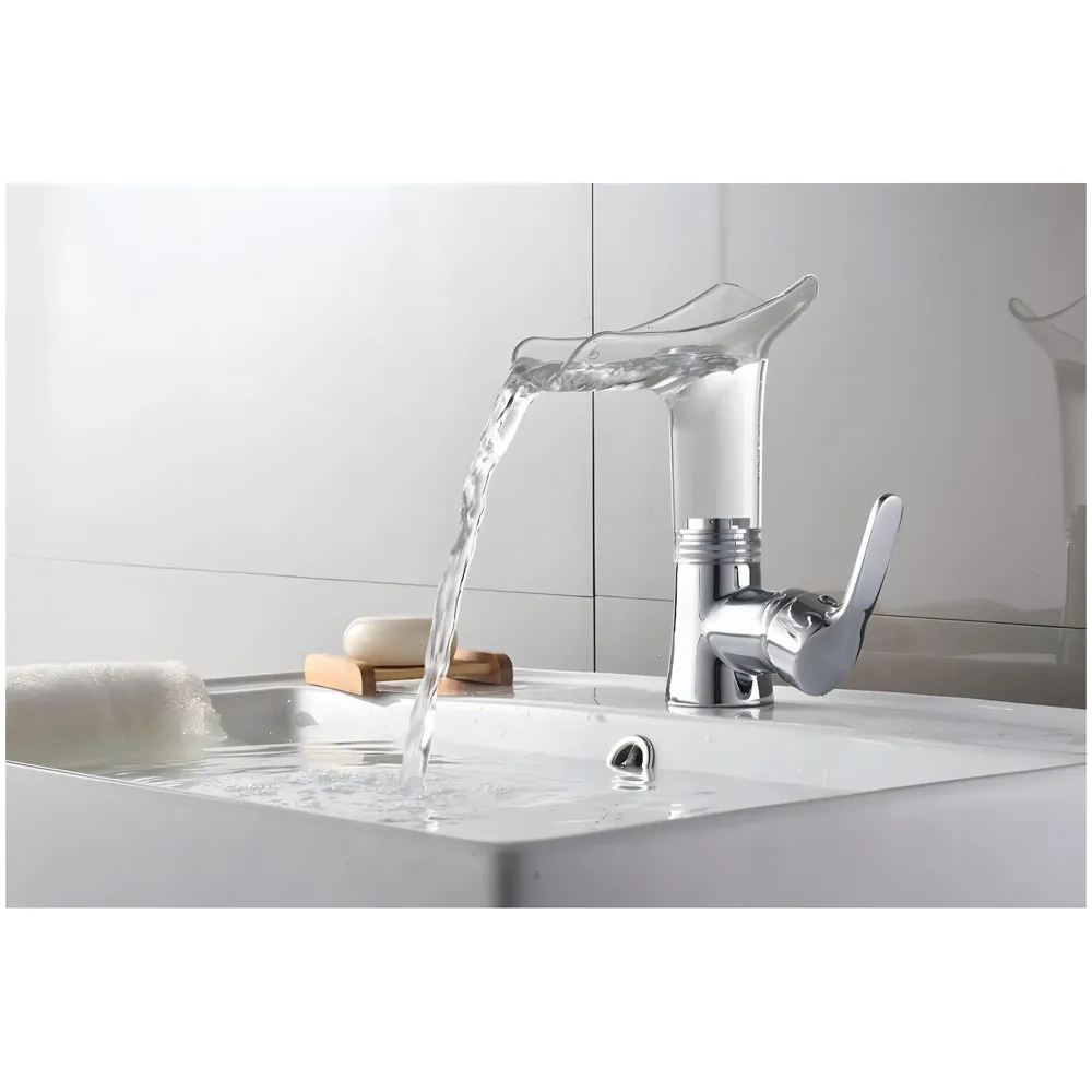 Glass Waterfall Tap Faucet Mixer Hot and Cold Bathroom Brass Single Lever Basin Mixer for Sink Toilet Wash Basin - 20 x 17 Cm