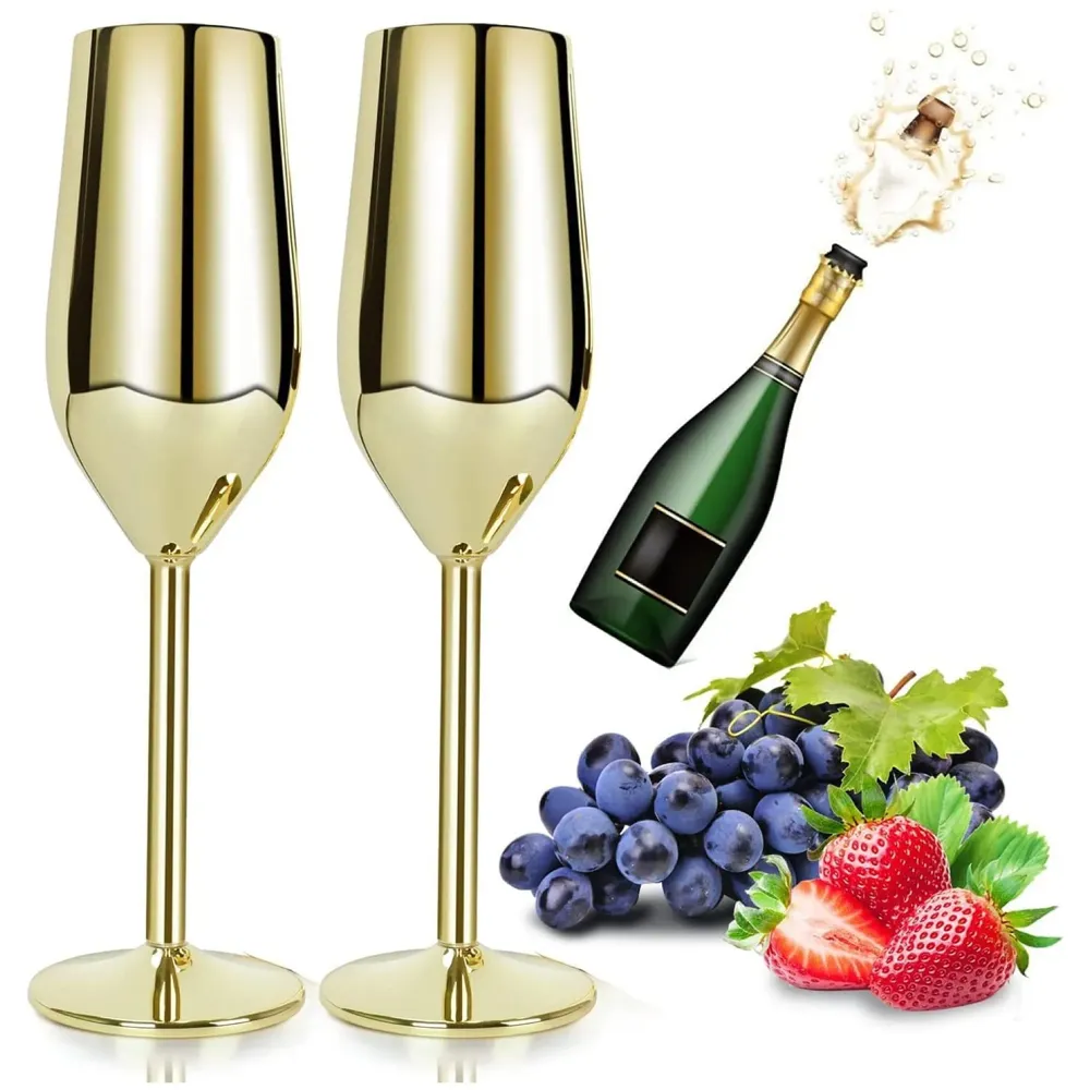 Stainless Steel Gold Champagne Glasses Flutes Set of 2, Unbreakable BPA Free Champagne Flutes Wedding Set for Wedding, Parties and Anniversary