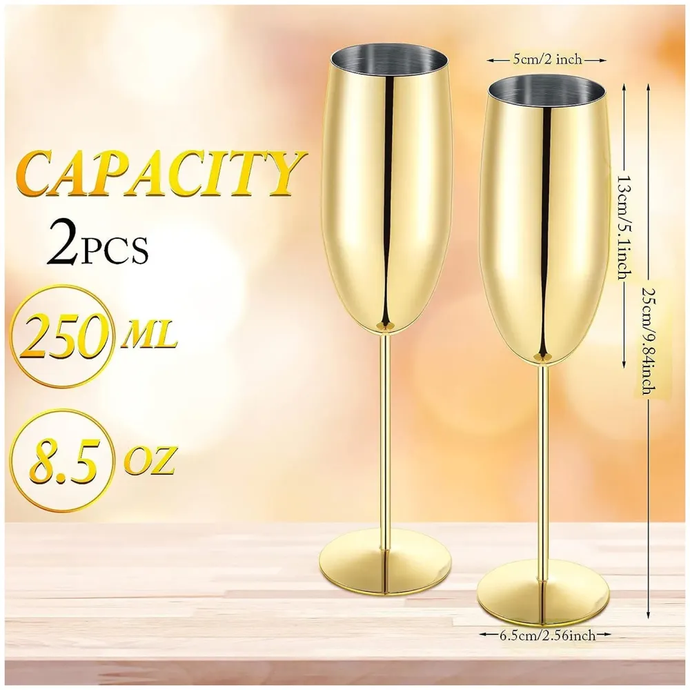 Stainless Steel Gold Champagne Glasses Flutes Set of 2, Unbreakable BPA Free Champagne Flutes Wedding Set for Wedding, Parties and Anniversary