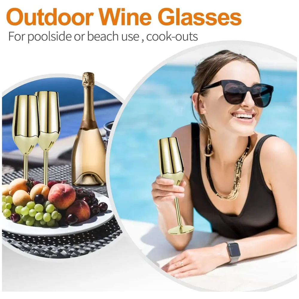 Stainless Steel Gold Champagne Glasses Flutes Set of 2, Unbreakable BPA Free Champagne Flutes Wedding Set for Wedding, Parties and Anniversary