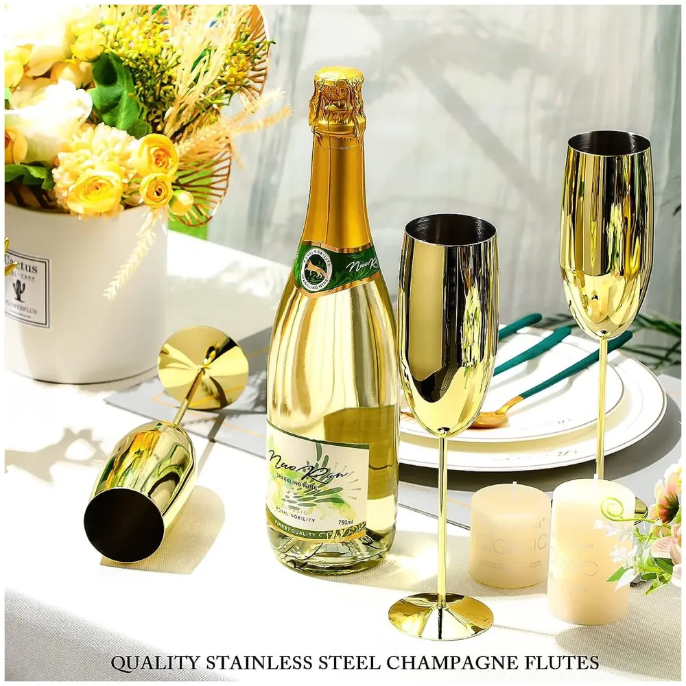 Stainless Steel Gold Champagne Glasses Flutes Set of 2, Unbreakable BPA Free Champagne Flutes Wedding Set for Wedding, Parties and Anniversary