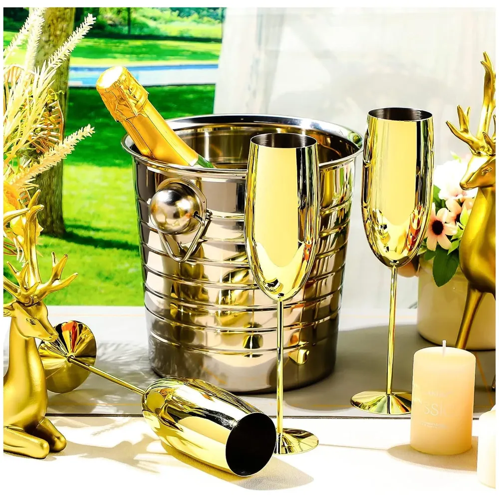 Stainless Steel Gold Champagne Glasses Flutes Set of 2, Unbreakable BPA Free Champagne Flutes Wedding Set for Wedding, Parties and Anniversary