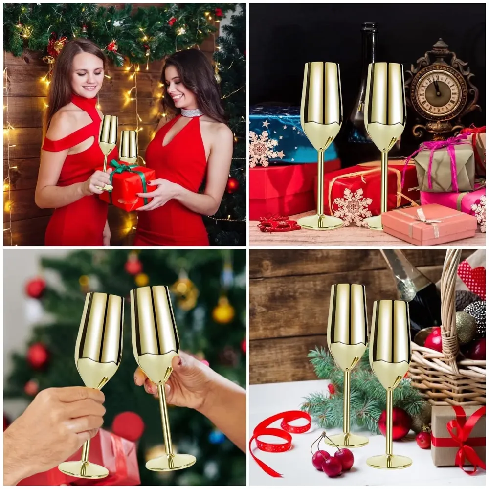 Stainless Steel Gold Champagne Glasses Flutes Set of 2, Unbreakable BPA Free Champagne Flutes Wedding Set for Wedding, Parties and Anniversary