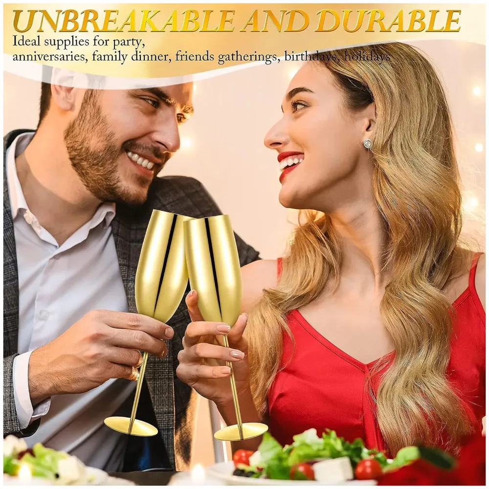 Stainless Steel Gold Champagne Glasses Flutes Set of 2, Unbreakable BPA Free Champagne Flutes Wedding Set for Wedding, Parties and Anniversary