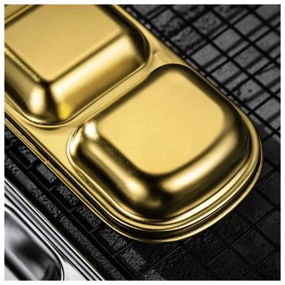 Gold Dipping Sauce Dish Golden Sets Stainless Steel Soy Sauce Dish Sauce Cups Dip Bowls Divided Sauce Dishes Platter (2 Compartments) - 3