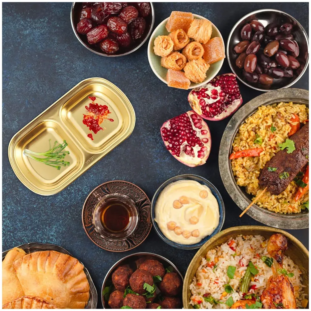 Gold Dipping Sauce Dish Golden Sets Stainless Steel Soy Sauce Dish Sauce Cups Dip Bowls Divided Sauce Dishes Platter (2 Compartments) - 6