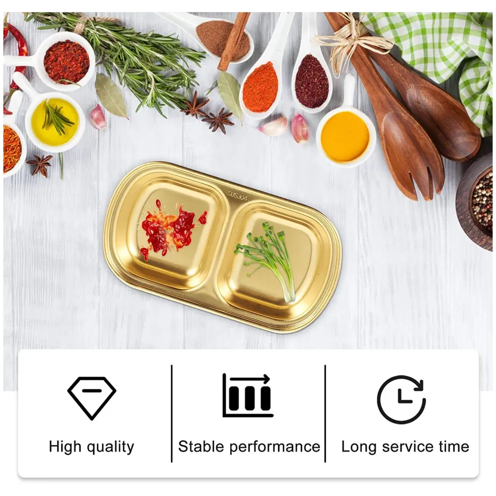 Gold Dipping Sauce Dish Golden Sets Stainless Steel Soy Sauce Dish Sauce Cups Dip Bowls Divided Sauce Dishes Platter (2 Compartments) - 7