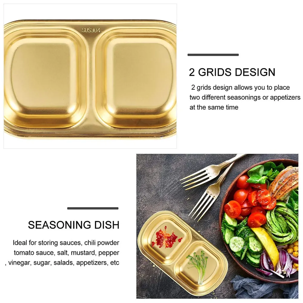 Gold Dipping Sauce Dish Golden Sets Stainless Steel Soy Sauce Dish Sauce Cups Dip Bowls Divided Sauce Dishes Platter (2 Compartments) - 8