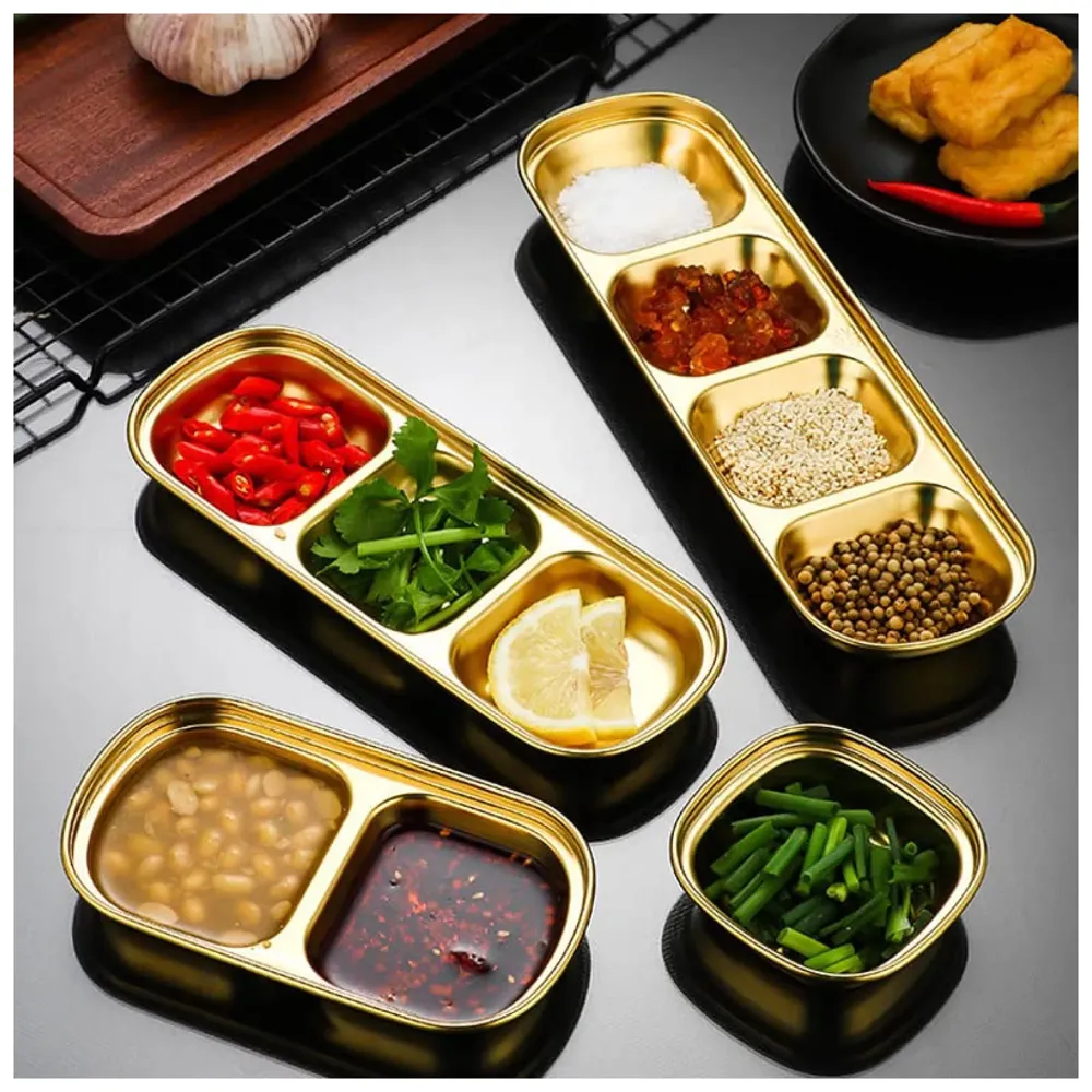 Gold Dipping Sauce Dish Golden Sets Stainless Steel Soy Sauce Dish Sauce Cups Dip Bowls Divided Sauce Dishes Platter (2 Compartments)
