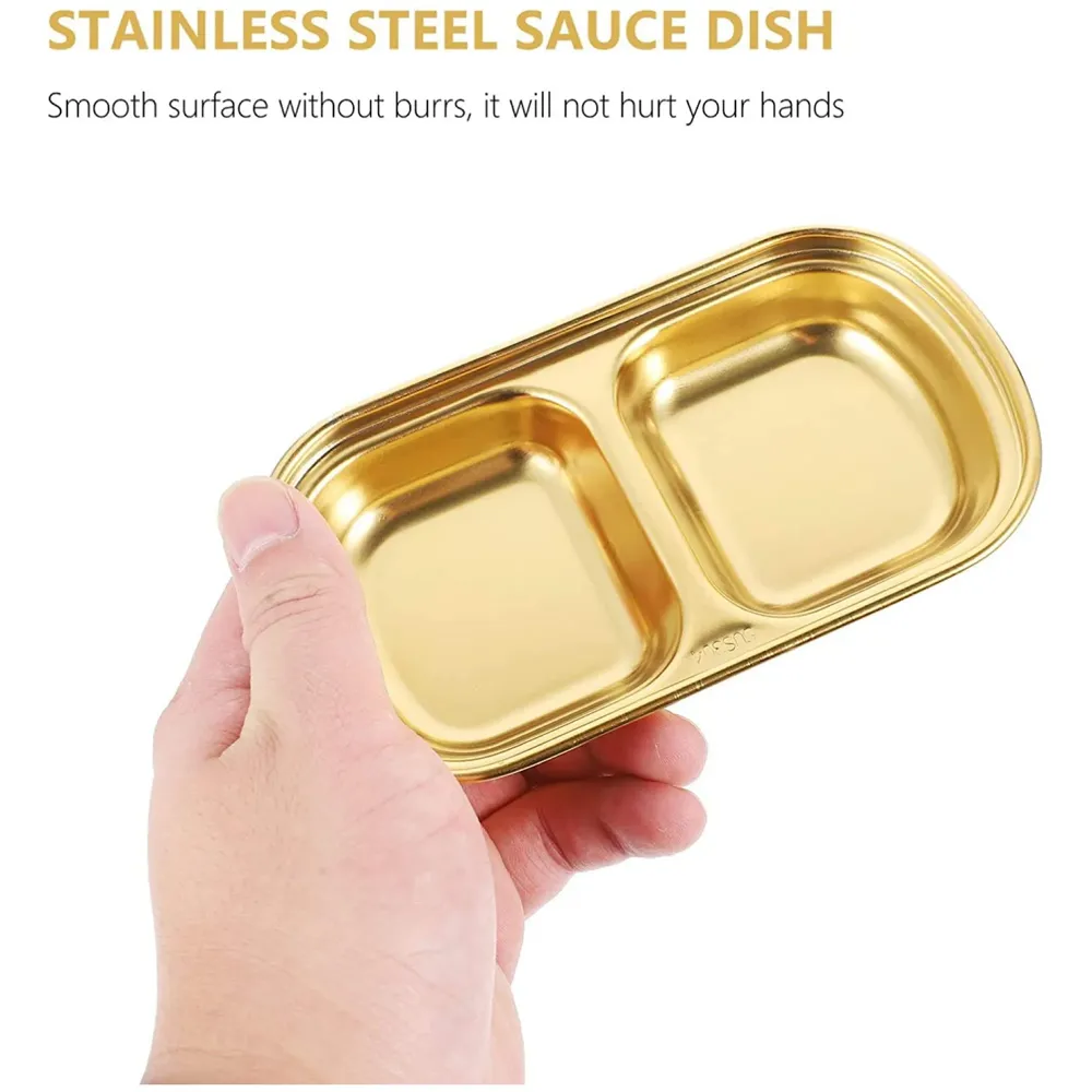 Gold Dipping Sauce Dish Golden Sets Stainless Steel Soy Sauce Dish Sauce Cups Dip Bowls Divided Sauce Dishes Platter (2 Compartments)