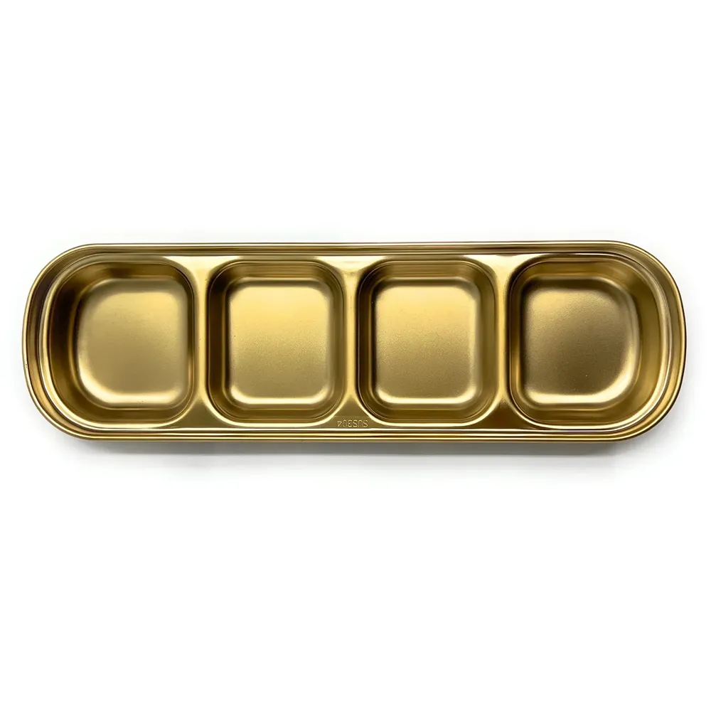 Gold Dipping Sauce Dish Golden Sets Stainless Steel Soy Sauce Dish Sauce Cups Dip Bowls Divided Sauce Dishes Platter (4 Compartments)