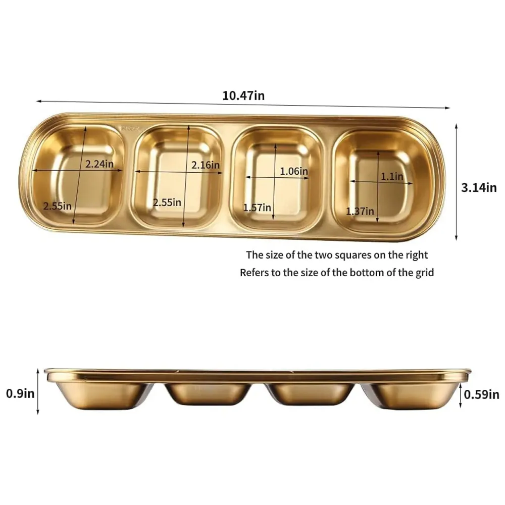 Gold Dipping Sauce Dish Golden Sets Stainless Steel Soy Sauce Dish Sauce Cups Dip Bowls Divided Sauce Dishes Platter (4 Compartments) - 2