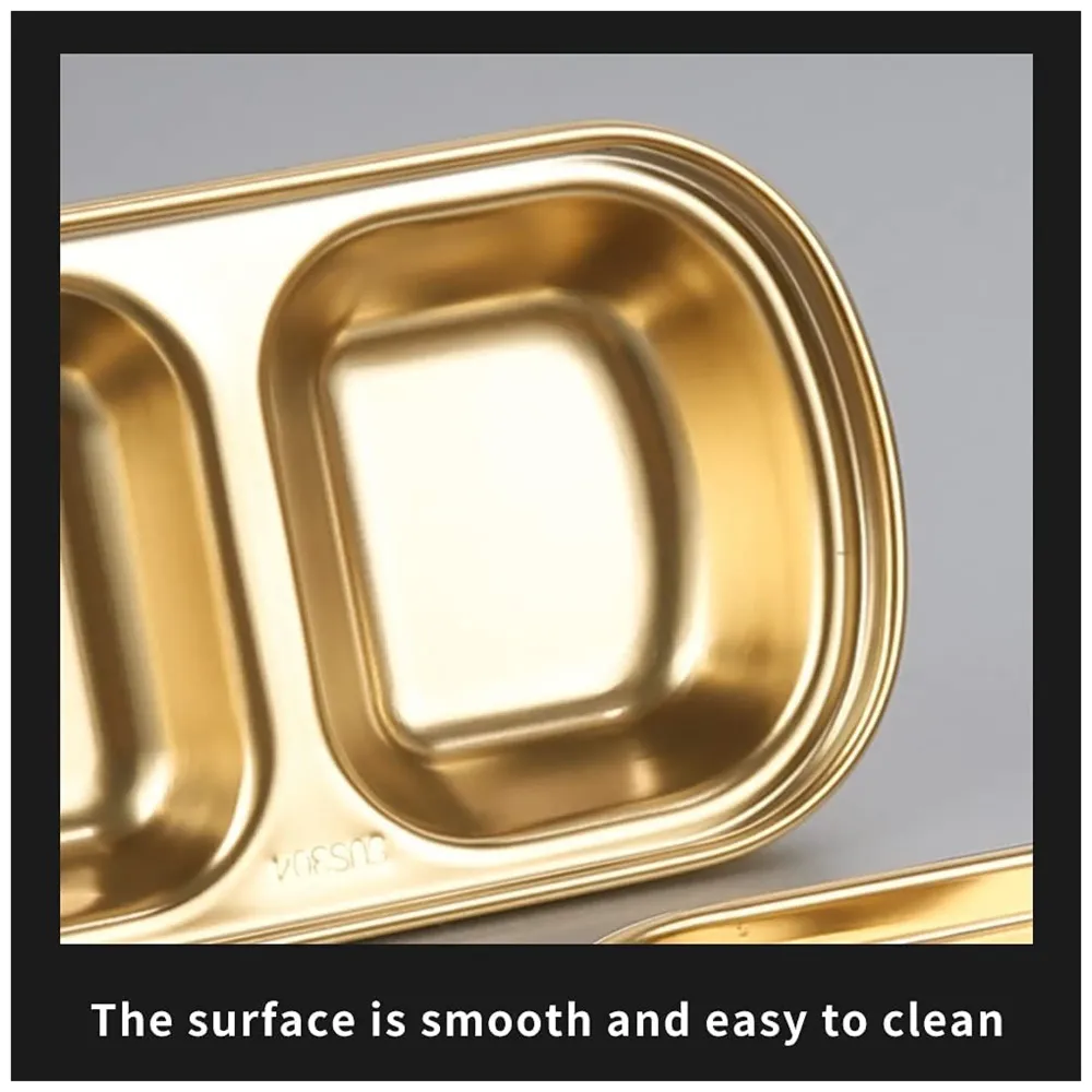 Gold Dipping Sauce Dish Golden Sets Stainless Steel Soy Sauce Dish Sauce Cups Dip Bowls Divided Sauce Dishes Platter (4 Compartments)