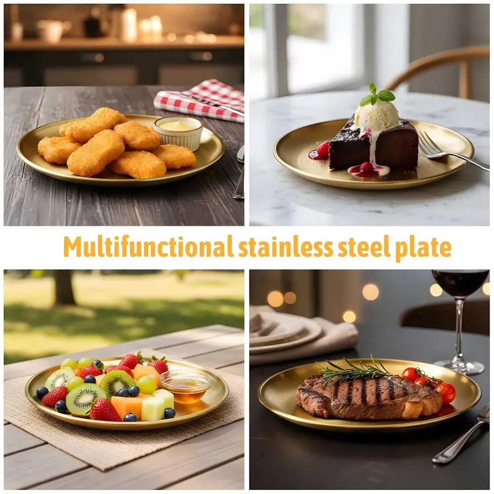 12 Inch Large Gold Plate Stainless Steel for Dinner, Food, Puja, Arti Thali Golden Colour, 30 CM, 1 Piece - 2