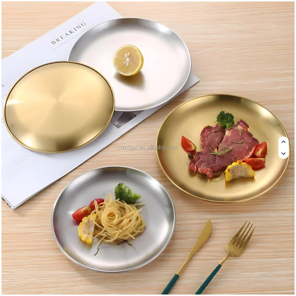 Pack of 2 Gold Plate 12 Inch 30 cm Stainless Steel Dinner Puja