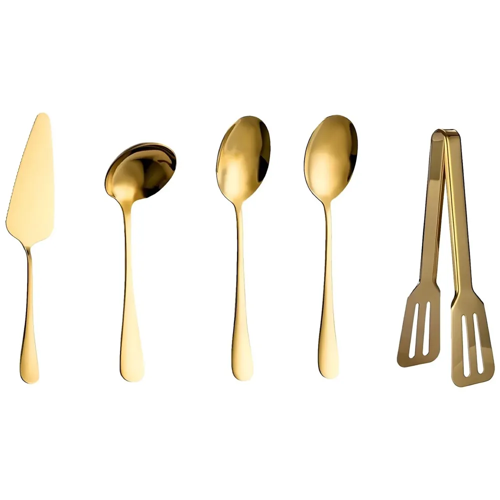 Large Gold Stainless Steel Serving Cutlery Set 5 Piece Non-Stick Golden Serve Set 1 Soup Ladle (Karchi) 2 Big Spoons (Chamcha) 1 Tong (Roti Picker) 1 Slicer (Cakes and Desserts).