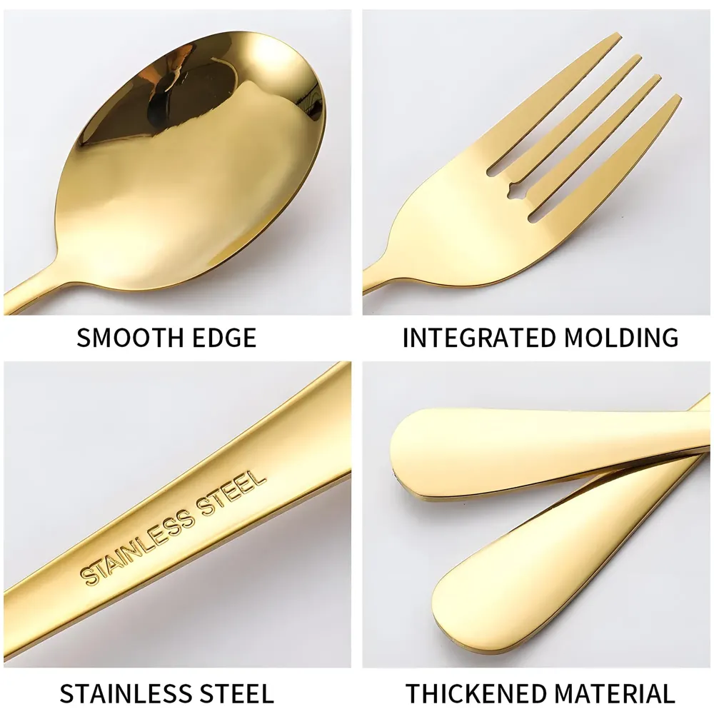 Large Gold Stainless Steel Serving Cutlery Set 5 Piece Non-Stick Golden Serve Set 1 Soup Ladle (Karchi) 2 Big Spoons (Chamcha) 1 Tong (Roti Picker) 1 Slicer (Cakes and Desserts). - 2