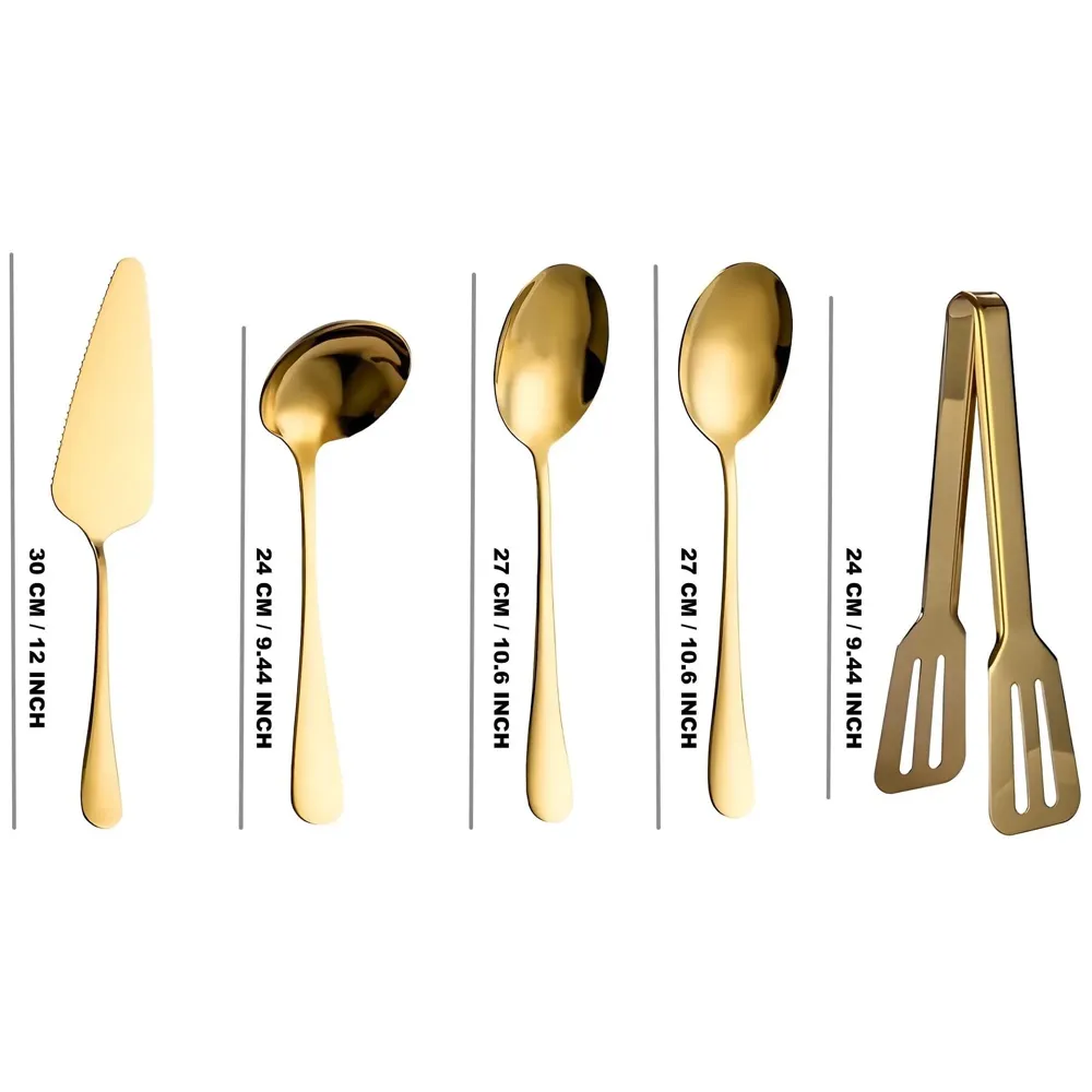 Large Gold Stainless Steel Serving Cutlery Set 5 Piece Non-Stick Golden Serve Set 1 Soup Ladle (Karchi) 2 Big Spoons (Chamcha) 1 Tong (Roti Picker) 1 Slicer (Cakes and Desserts). - 3