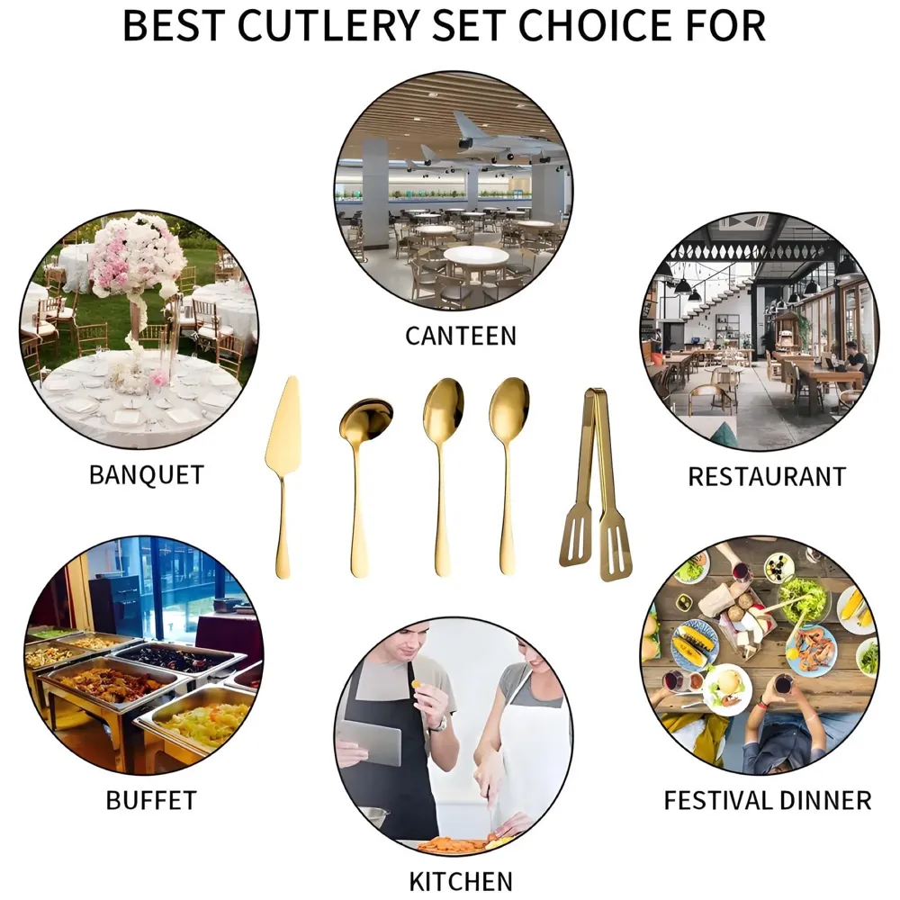 Large Gold Stainless Steel Serving Cutlery Set 5 Piece Non-Stick Golden Serve Set 1 Soup Ladle (Karchi) 2 Big Spoons (Chamcha) 1 Tong (Roti Picker) 1 Slicer (Cakes and Desserts). - 4