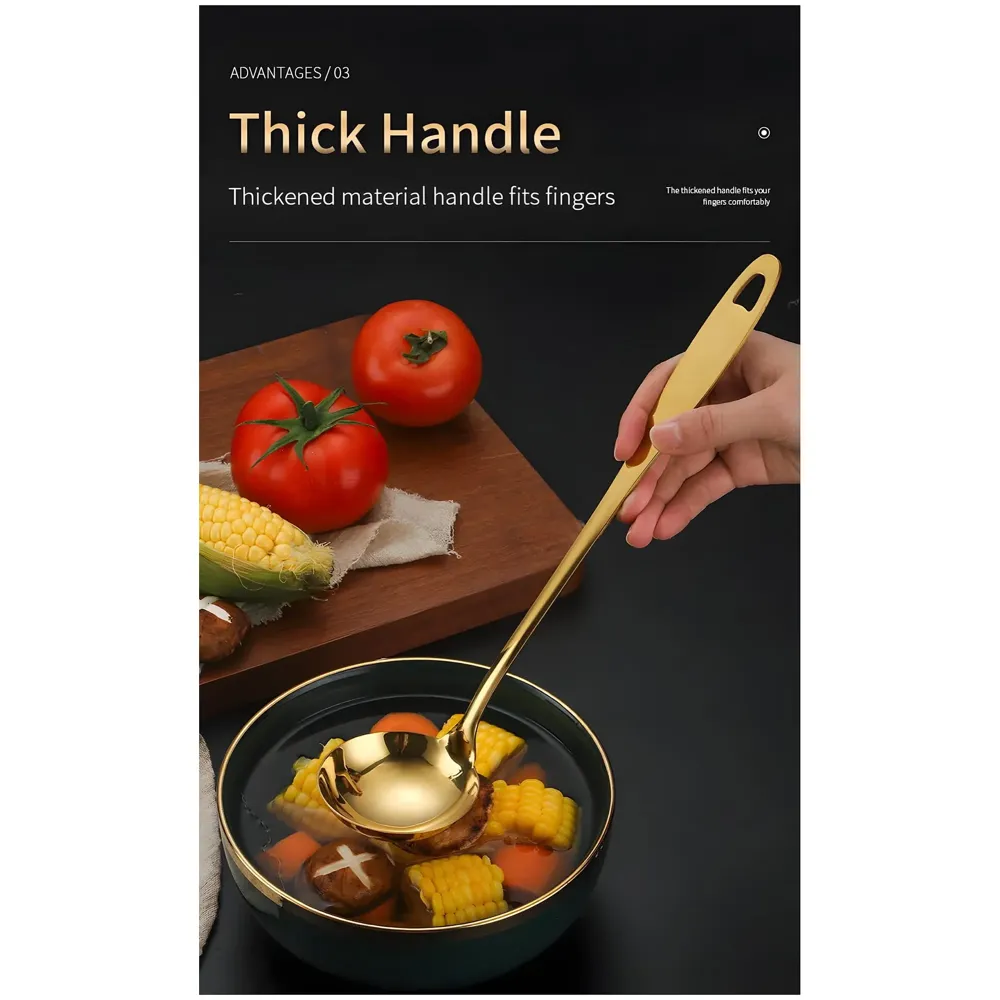 Large Gold Stainless Steel Serving Cutlery Set 5 Piece Non-Stick Golden Serve Set 1 Soup Ladle (Karchi) 2 Big Spoons (Chamcha) 1 Tong (Roti Picker) 1 Slicer (Cakes and Desserts). - 5