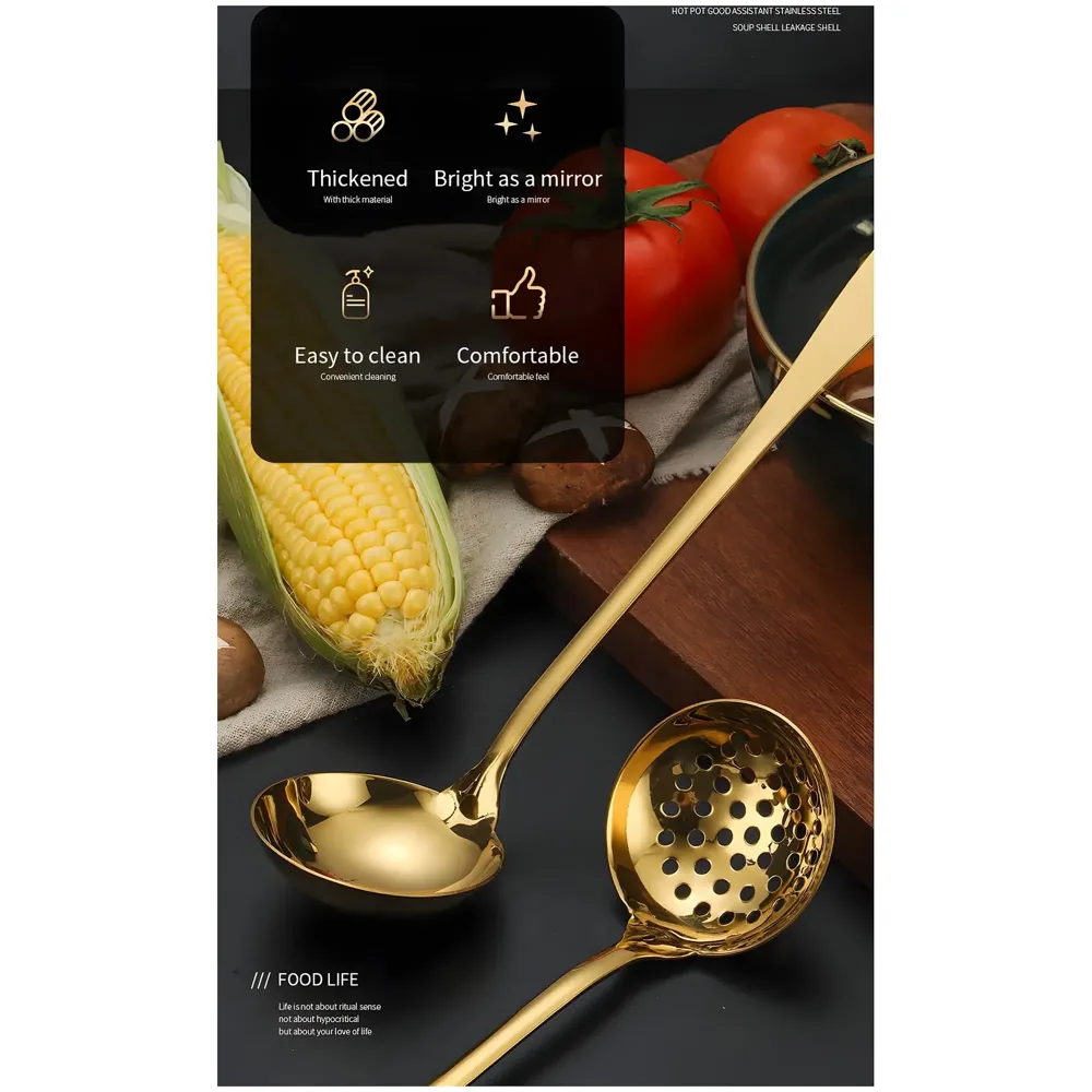 Large Gold Stainless Steel Serving Cutlery Set 5 Piece Non-Stick Golden Serve Set 1 Soup Ladle (Karchi) 2 Big Spoons (Chamcha) 1 Tong (Roti Picker) 1 Slicer (Cakes and Desserts). - 7