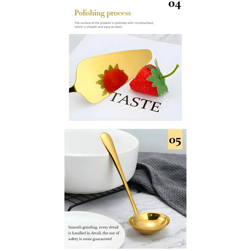 Large Gold Stainless Steel Serving Cutlery Set 5 Piece Non-Stick Golden Serve Set 1 Soup Ladle (Karchi) 2 Big Spoons (Chamcha) 1 Tong (Roti Picker) 1 Slicer (Cakes and Desserts). - 8