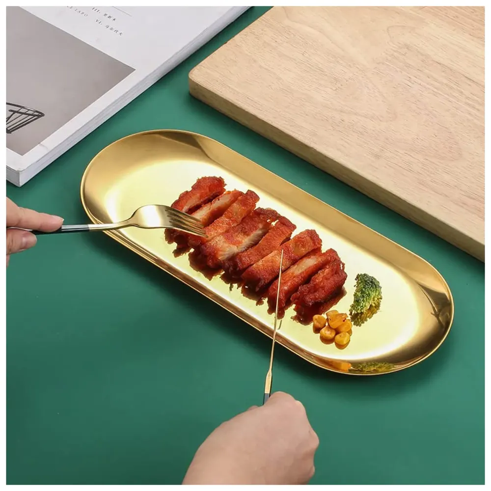 Gold Tray Food Tray Gold Serving Tray Vanity Jewellery Tray, Hand Towel Bathroom 18cm x 9cm Stainless Steel