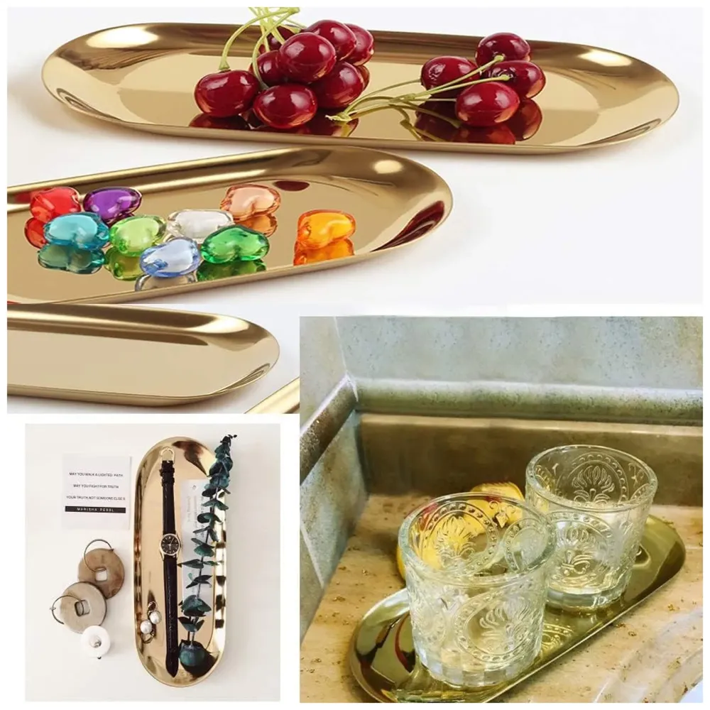 Gold Tray Food Tray Gold Serving Tray Vanity Jewellery Tray, Hand Towel Bathroom 18cm x 9cm Stainless Steel - 3