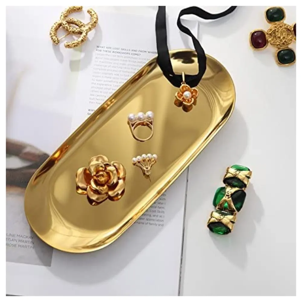 Gold Tray Food Tray Gold Serving Tray Vanity Jewellery Tray, Hand Towel Bathroom 18cm x 9cm Stainless Steel - 8