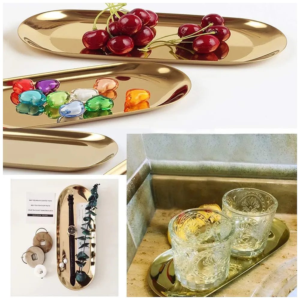 Gold Tray Food Tray Gold Serving Tray Vanity Jewellery Tray, Hand Towel Bathroom 18cm x 9cm Stainless Steel