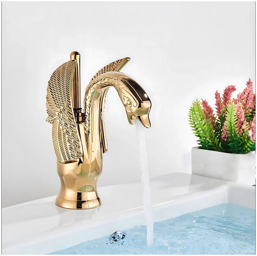 Golden Swan Heavy Single Lever Basin Mixer Faucet Tap Hot and Cold 7 inch Height Gold Brass for Bathroom Toilets Wash Basin
