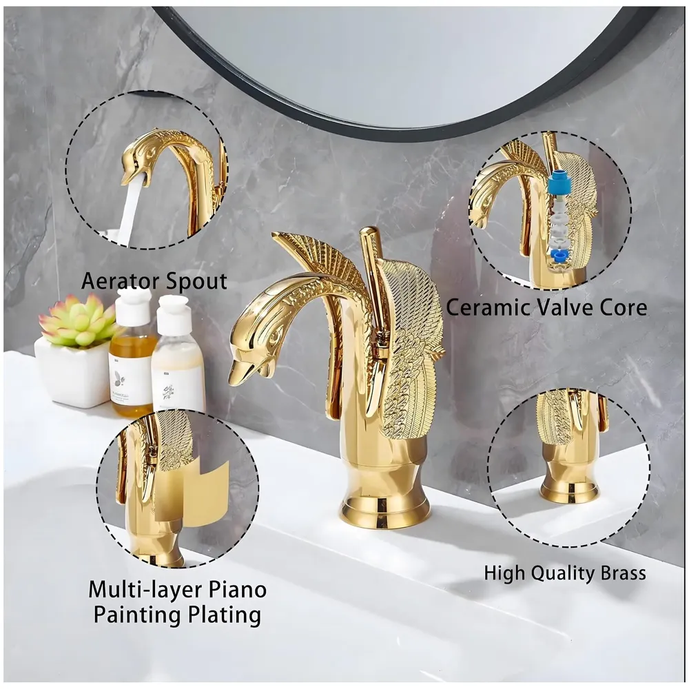 Golden Swan Heavy Single Lever Basin Mixer Faucet Tap Hot and Cold 7 inch Height Gold Brass for Bathroom Toilets Wash Basin