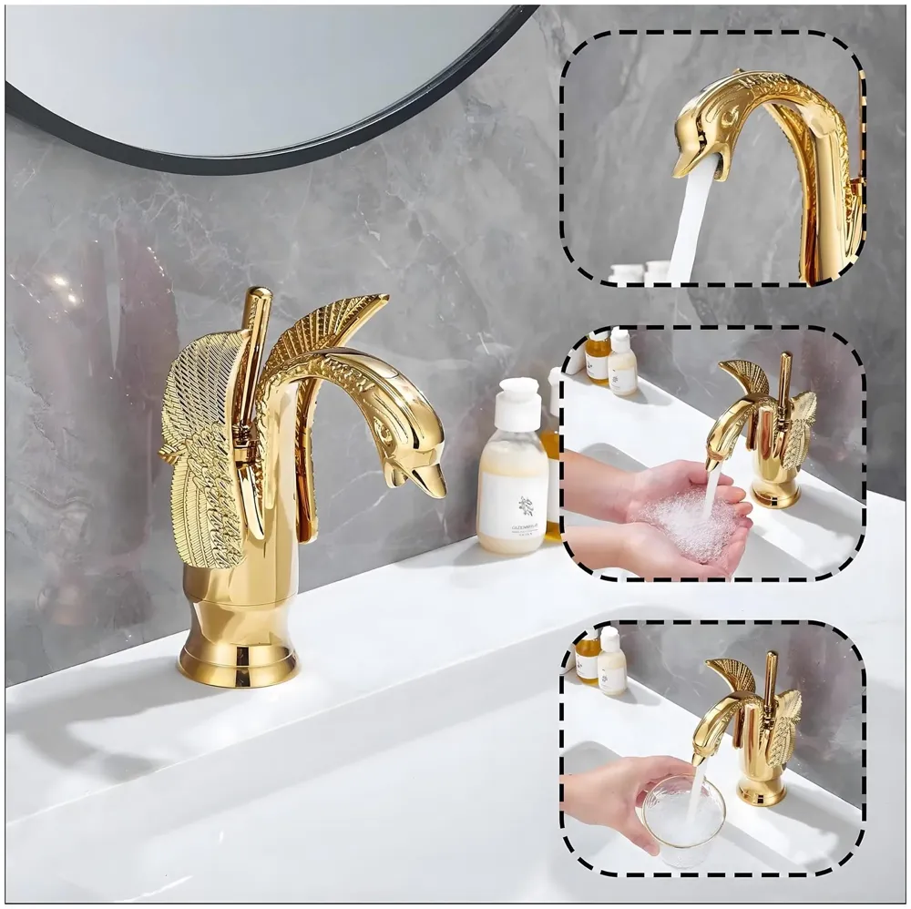 Golden Swan Heavy Single Lever Basin Mixer Faucet Tap Hot and Cold 7 inch Height Gold Brass for Bathroom Toilets Wash Basin