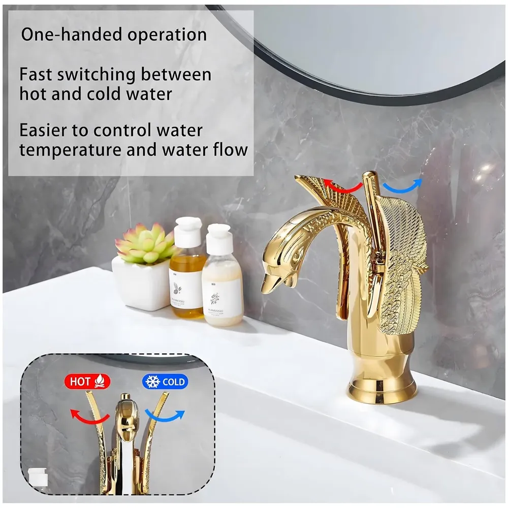 Golden Swan Heavy Single Lever Basin Mixer Faucet Tap Hot and Cold 7 inch Height Gold Brass for Bathroom Toilets Wash Basin