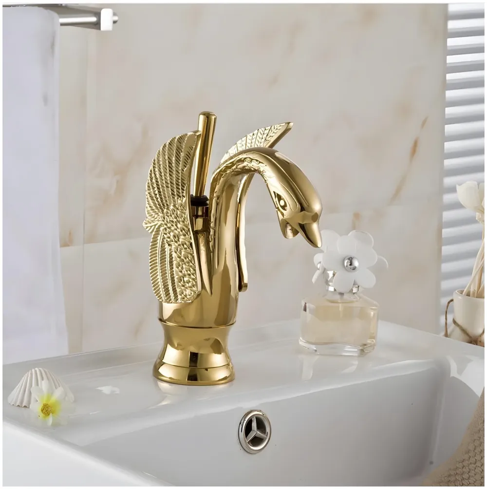 Golden Swan Heavy Single Lever Basin Mixer Faucet Tap Hot and Cold 7 inch Height Gold Brass for Bathroom Toilets Wash Basin