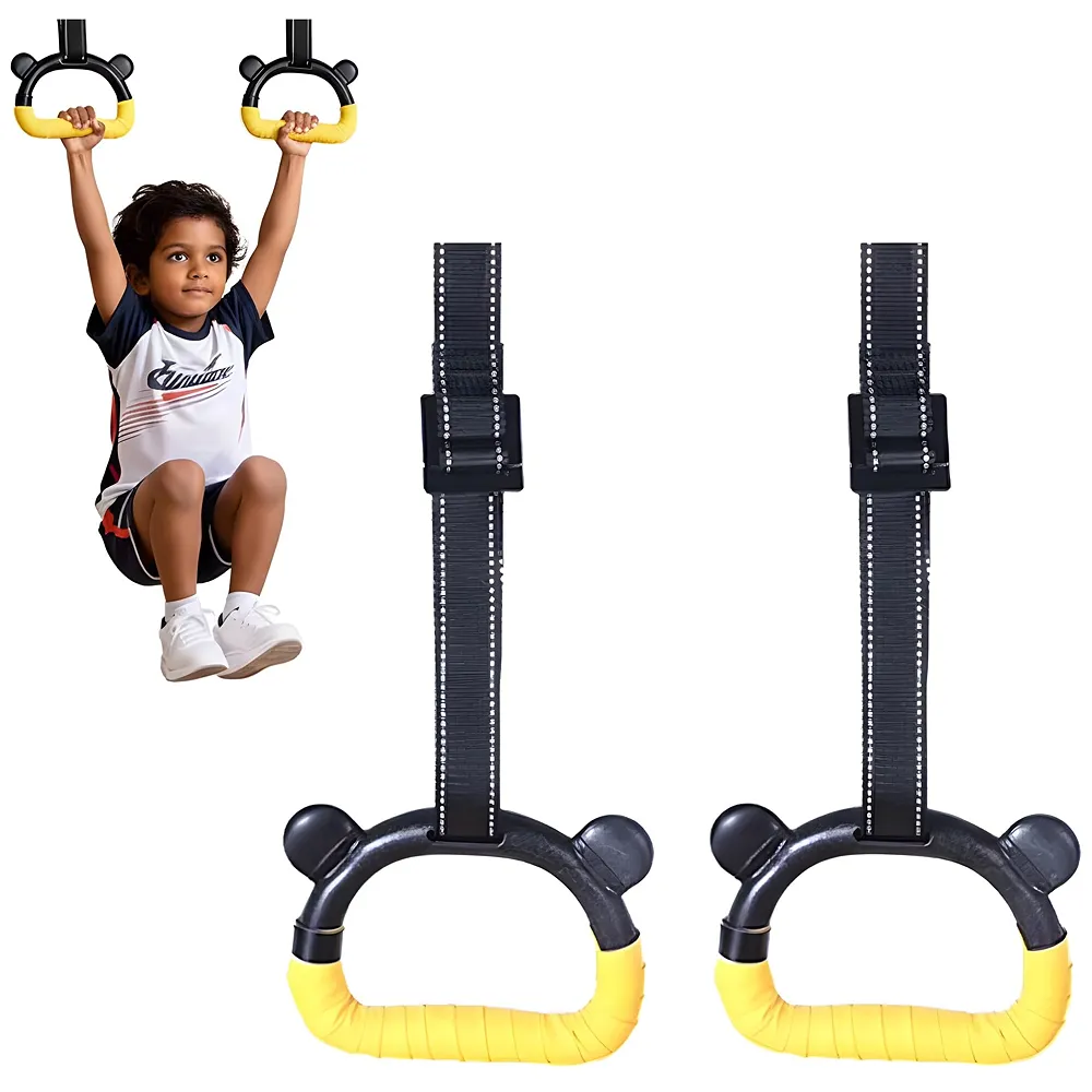 Children Gymnastic Hanging Rings Set of 2 | 2M Adjustable Nylon Strap | Fun Panda Shape | Anti-Slip Foam Grip | High-Strength Steel Buckle | 150kg / 330lbs | Indoor Home Fitness