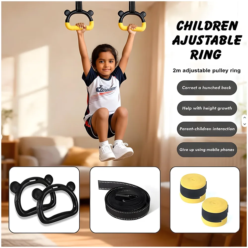 Children Gymnastic Hanging Rings Set of 2 | 2M Adjustable Nylon Strap | Fun Panda Shape | Anti-Slip Foam Grip | High-Strength Steel Buckle | 150kg / 330lbs | Indoor Home Fitness