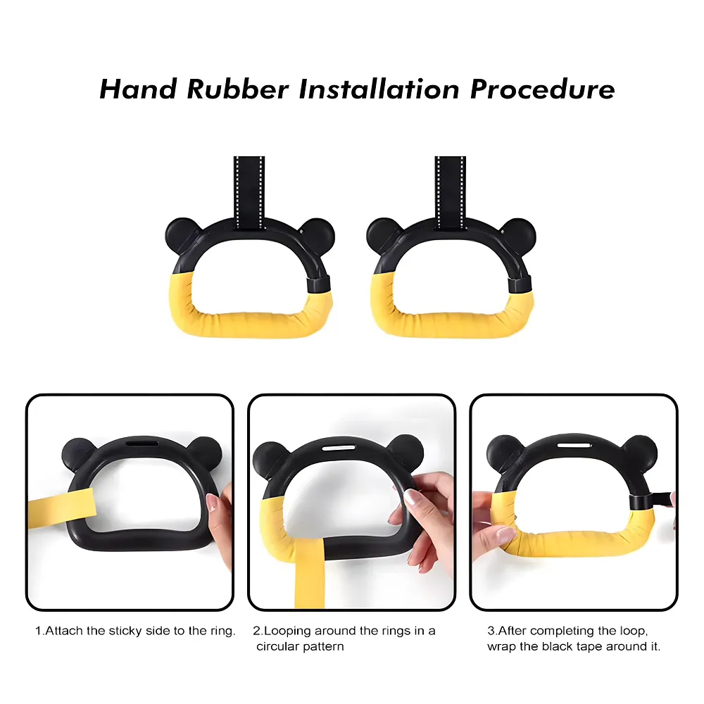 Children Gymnastic Hanging Rings Set of 2 | 2M Adjustable Nylon Strap | Fun Panda Shape | Anti-Slip Foam Grip | High-Strength Steel Buckle | 150kg / 330lbs | Indoor Home Fitness