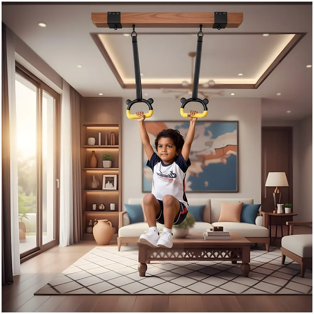 Children Gymnastic Hanging Rings Set of 2 | 2M Adjustable Nylon Strap | Fun Panda Shape | Anti-Slip Foam Grip | High-Strength Steel Buckle | 150kg / 330lbs | Indoor Home Fitness