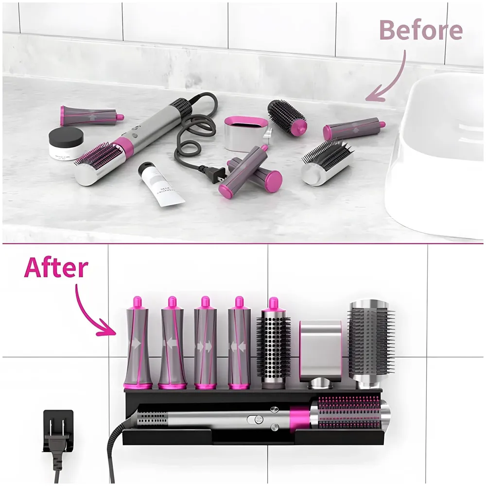 Hair Dryer Holder Compatible with Dyson Airwrap Accessories Holder Wall mount. 7 Slot silicone Holder Counter Top for Homes And Salons. Carbon Steel – 15.4 x 4.3 x 3.9 Inch, Black - 4