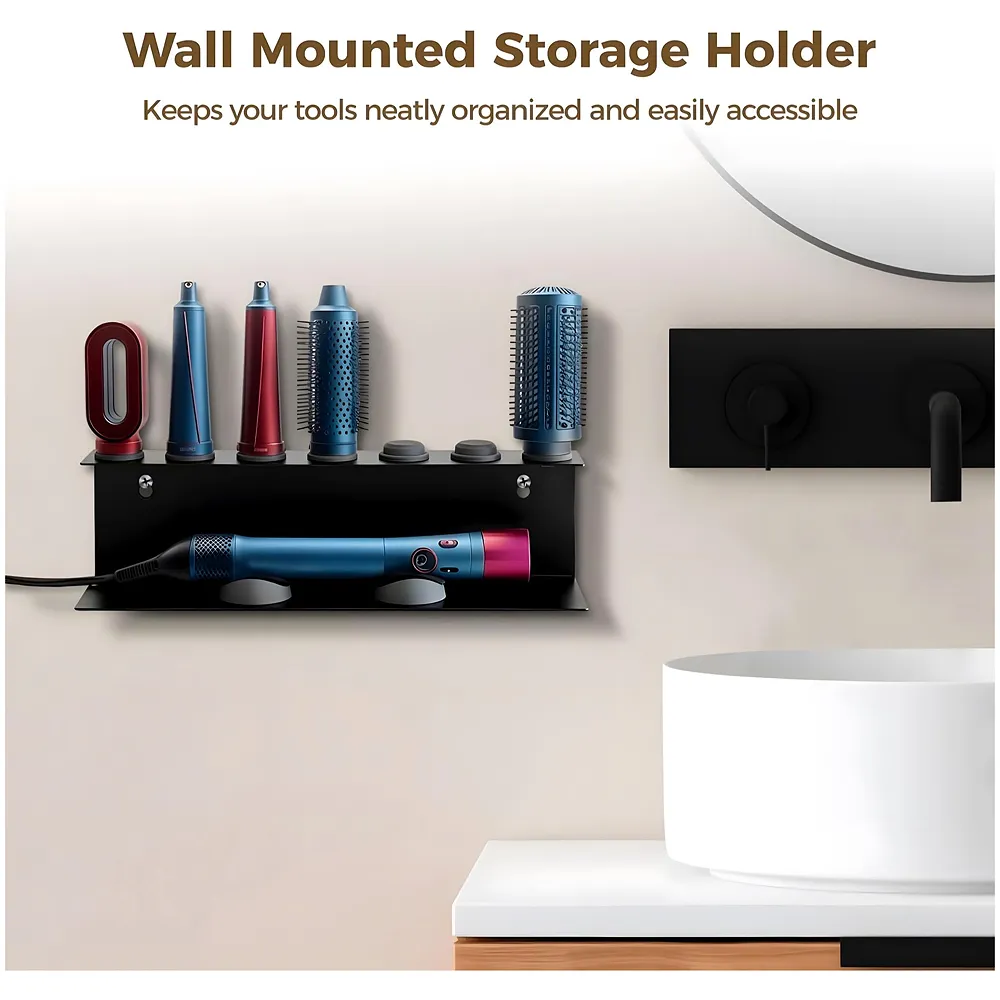 Hair Dryer Holder Compatible with Dyson Airwrap Accessories Holder Wall mount. 7 Slot silicone Holder Counter Top for Homes And Salons. Carbon Steel – 15.4 x 4.3 x 3.9 Inch, Black